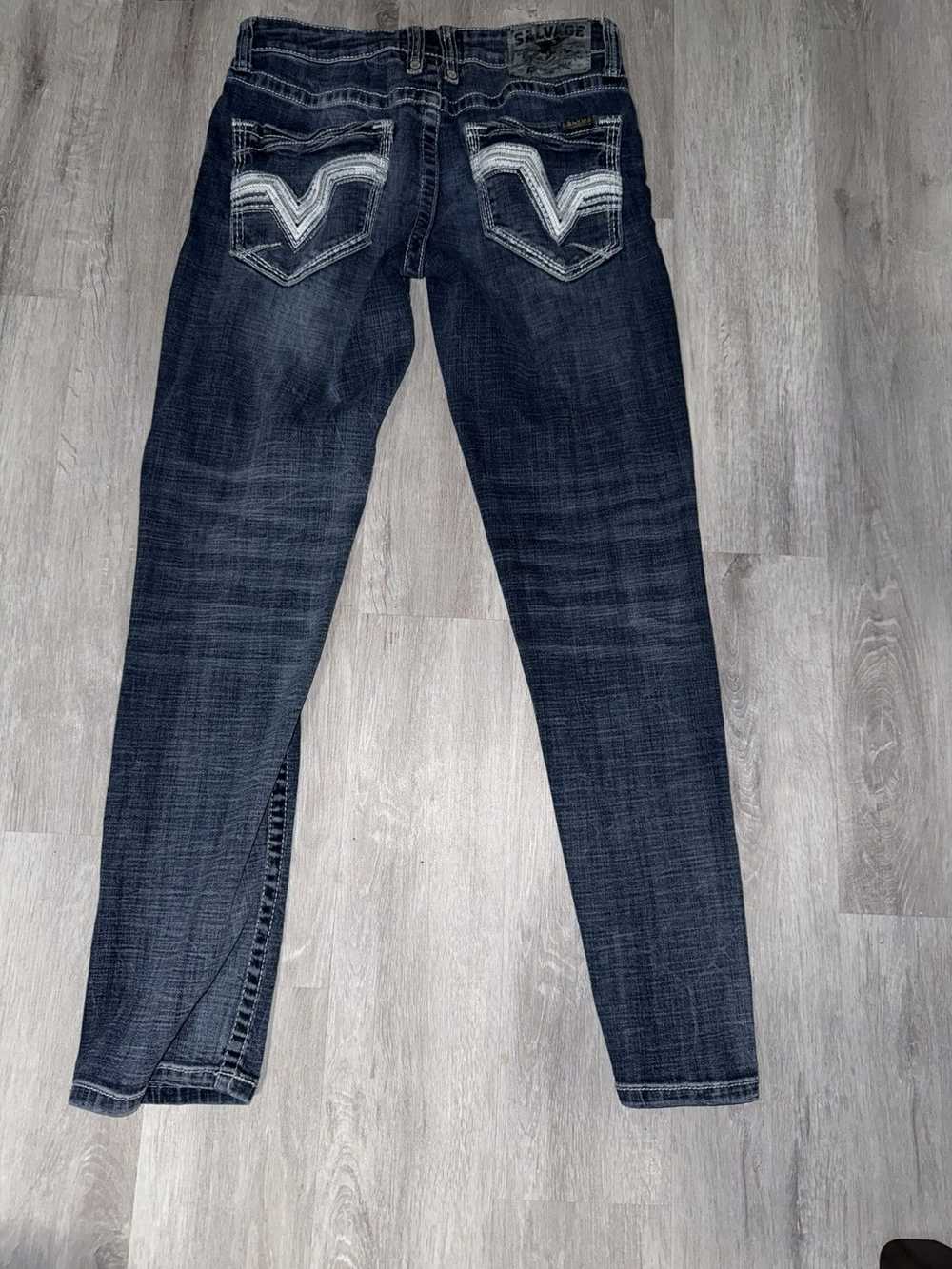 Salvage Supply Co Mayhem Straight Jeans Size 32 x 30 Blue Wash Stretch Premium Denim USED Distressed Men's