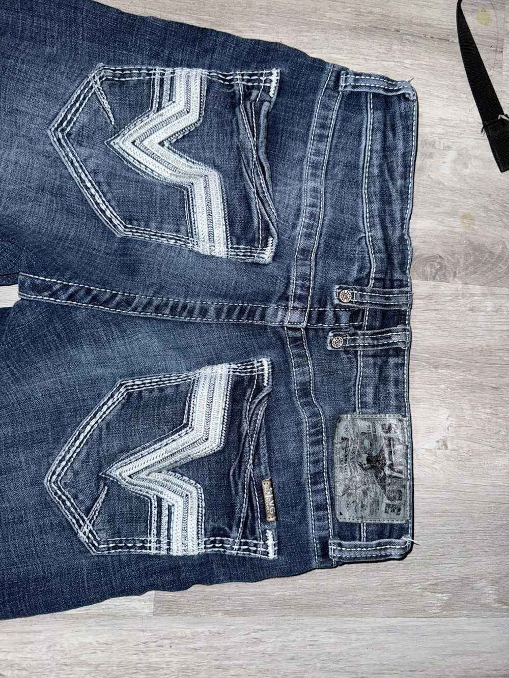 Salvage Supply Co Mayhem Straight Jeans Size 32 x 30 Blue Wash Stretch Premium Denim USED Distressed Men's