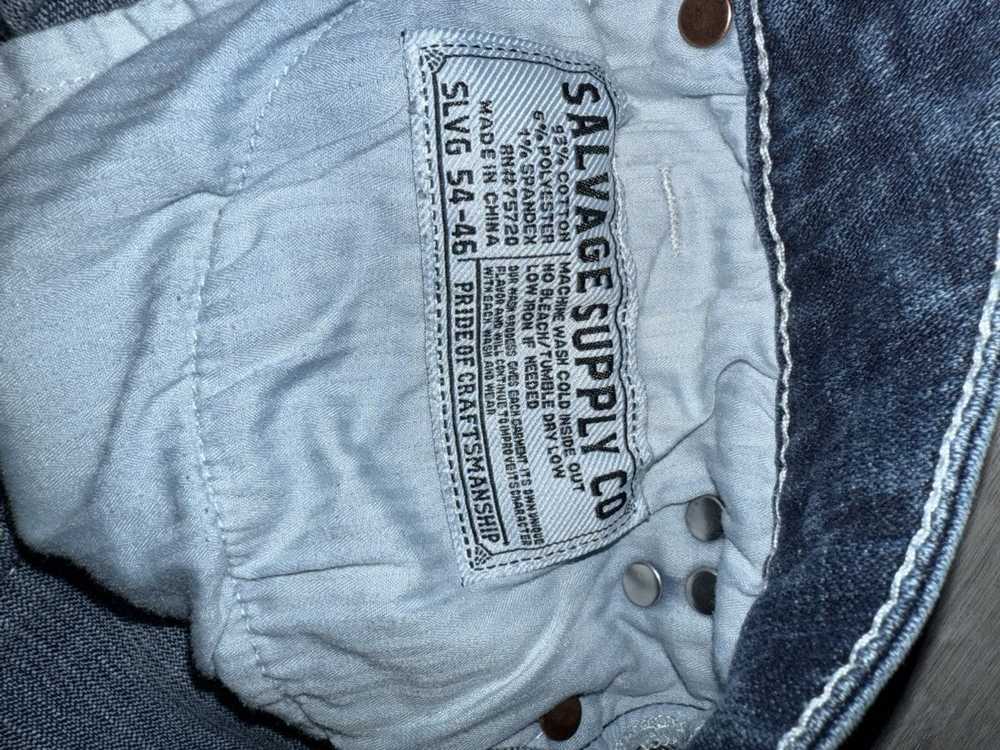 Salvage Supply Co Mayhem Straight Jeans Size 32 x 30 Blue Wash Stretch Premium Denim USED Distressed Men's