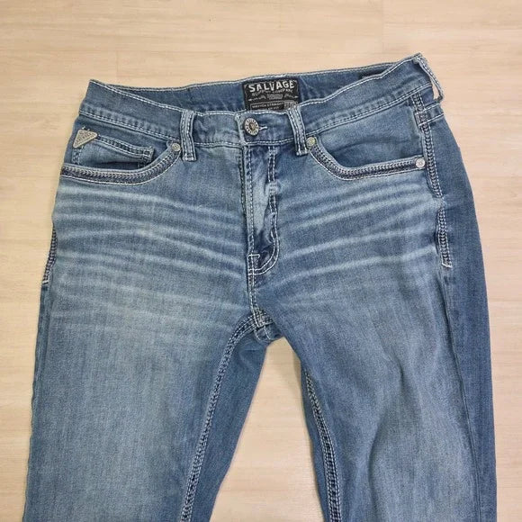 Salvage Supply Co Mayhem Straight Jeans Size 32 x 30 Blue Wash Stretch Premium Denim USED Distressed Men's