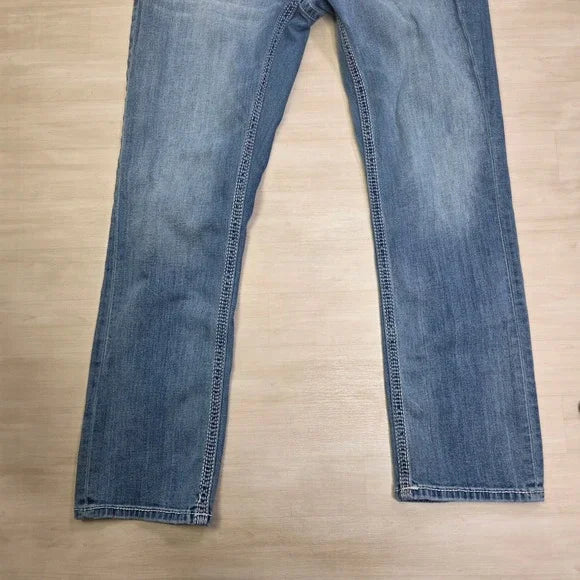 Salvage Supply Co Mayhem Straight Jeans Size 32 x 30 Blue Wash Stretch Premium Denim USED Distressed Men's