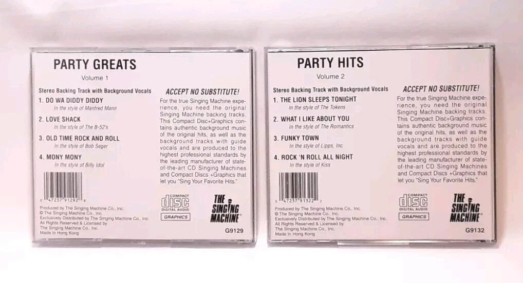 The Singing Machine Karaoke Volume 1 & 2 CDs Party Greats, Party Hits