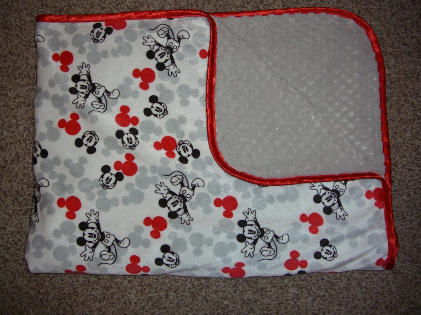 Disney Baby MICKEY MOUSE Blanket Gray Red White Textured Satin Trim