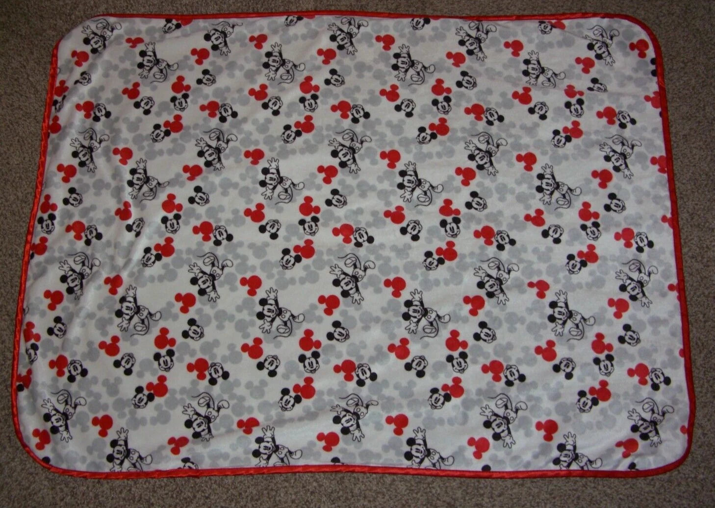 Disney Baby MICKEY MOUSE Blanket Gray Red White Textured Satin Trim