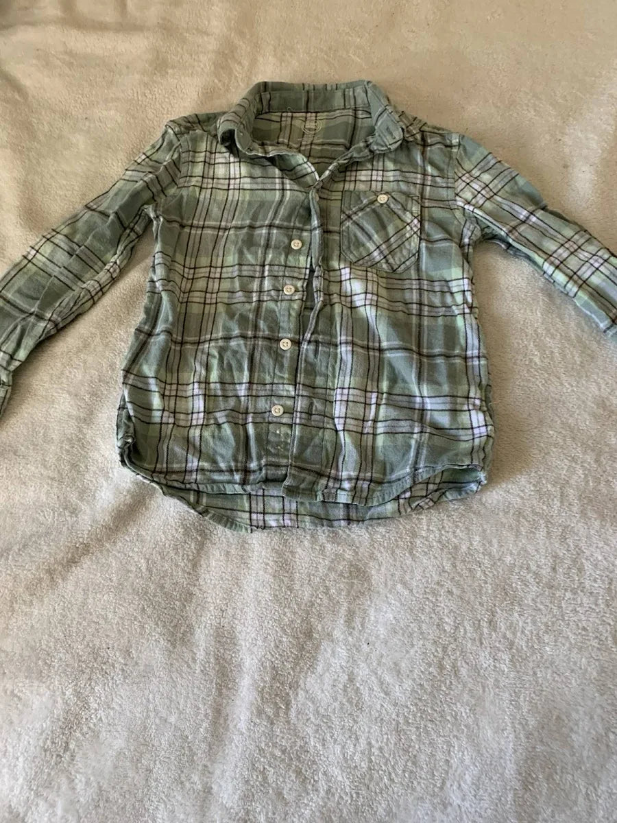 WONDER NATION Button Up SHIRT SIZE LARGE (10-12) Green Plaid Long Sleeve